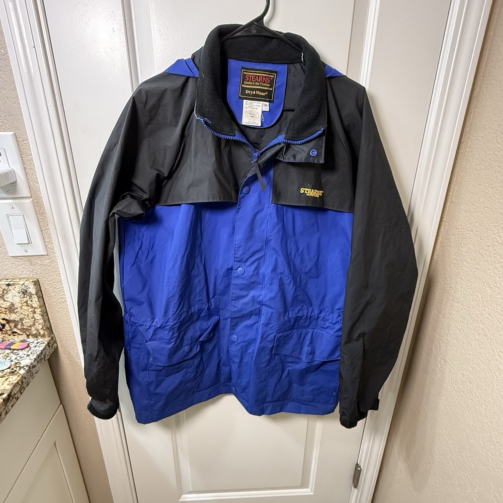 Vintage Stearns Dry Wear 8176 Rain Jacket Mens M Blue Black Hooded Colorblock